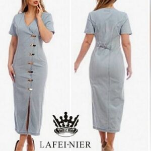 LAFEI·NIER Denim Midi Dress Wrap Style w/ Buckle Details 80’s Chambray NWT Sz L